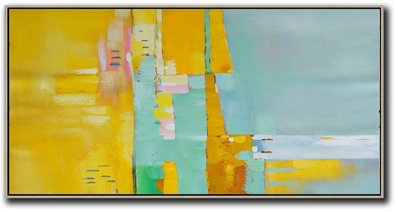 Handmade Large Contemporary Art,Horizontal Palette Knife Contemporary Art,Unique Canvas Art,Yellow,Light Green,White,Pink.etc